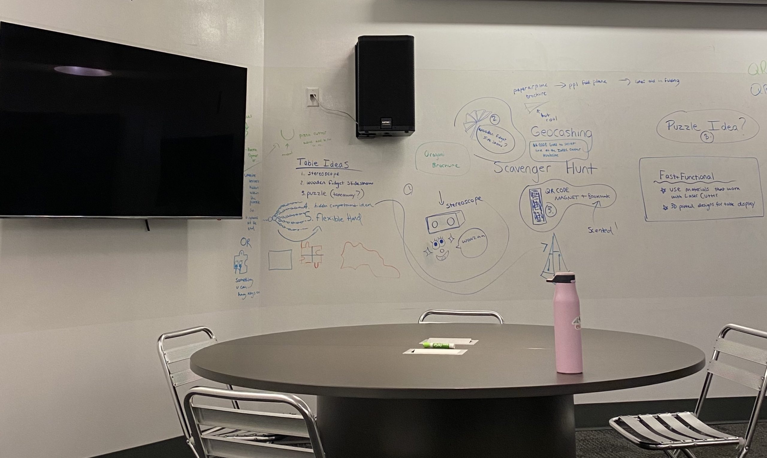 Whiteboard and TV with table and blue whiteboard marker notes slightly out of focus