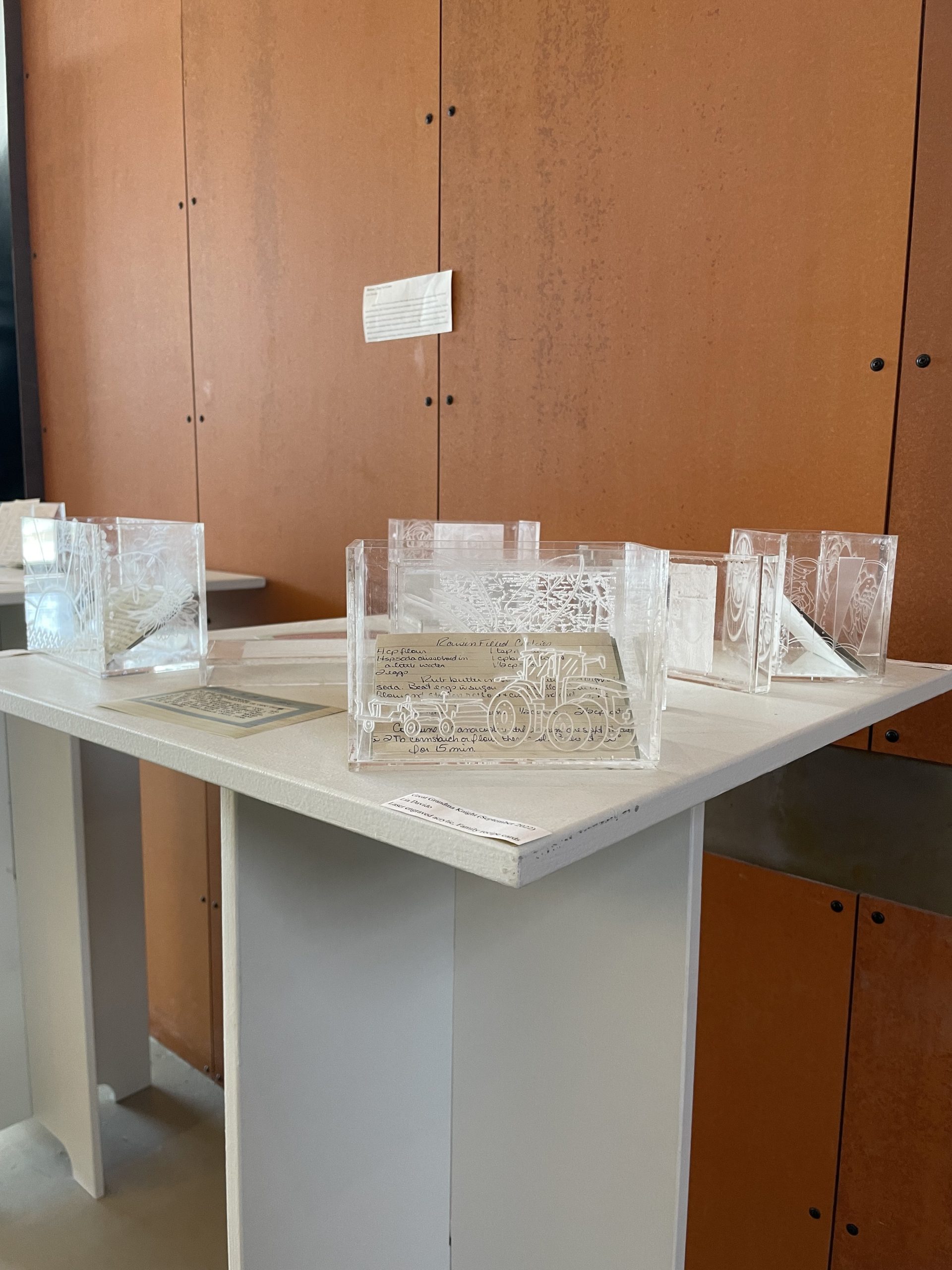 Lia Davido Before they're gone exhibition photo 2 - additional recipes in clear acrylic containers on a white pedestal.