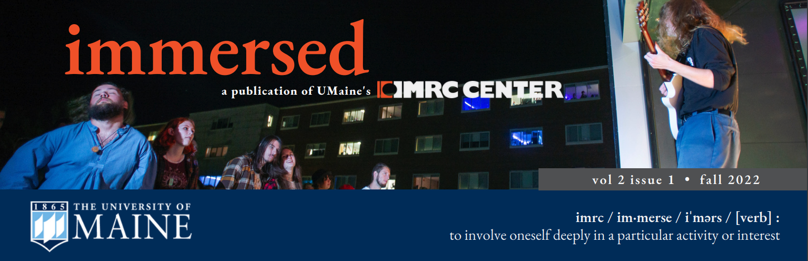 IMRC Center Immersed Newsletter Banner With Logo and Photo of people dancing and playing music outside the IMRC Center theater window