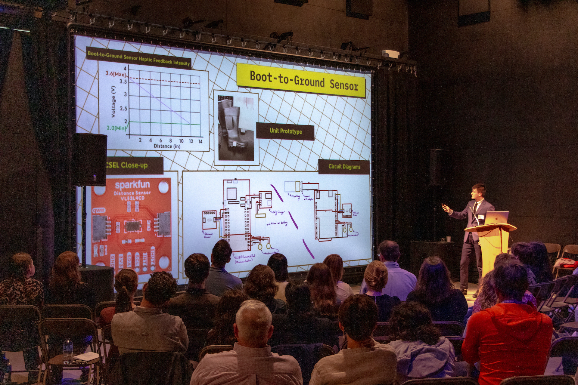 Colby Ting stands at a podium on the right side of the image. The audience is seated facing him, along the bottom of the frame. A large projection screen displays Colby's presentation slide, which reads "Boot-to-Ground Sensor" in a yellow box in the upper left. The slide also includes a chart, a photograph of a boot prototype, and diagrams of a censor and its connections.