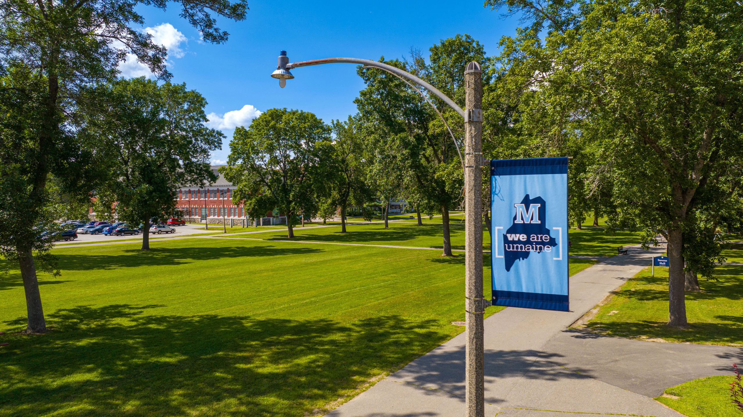 Blue "We Are UMaine" banner attached to a light post on the campus mall.