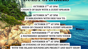 Film Series dates posted over an image of the main coastline with trees and ocean rocks.